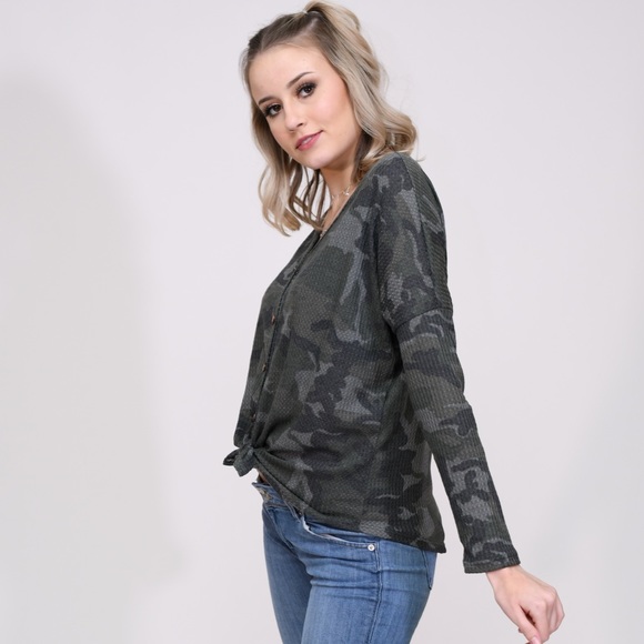 LAST PIECE! BiBi Camo Tie front long sleeve top - Picture 3 of 5